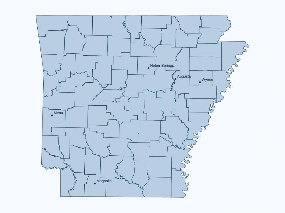 Arkansas county map with city labels